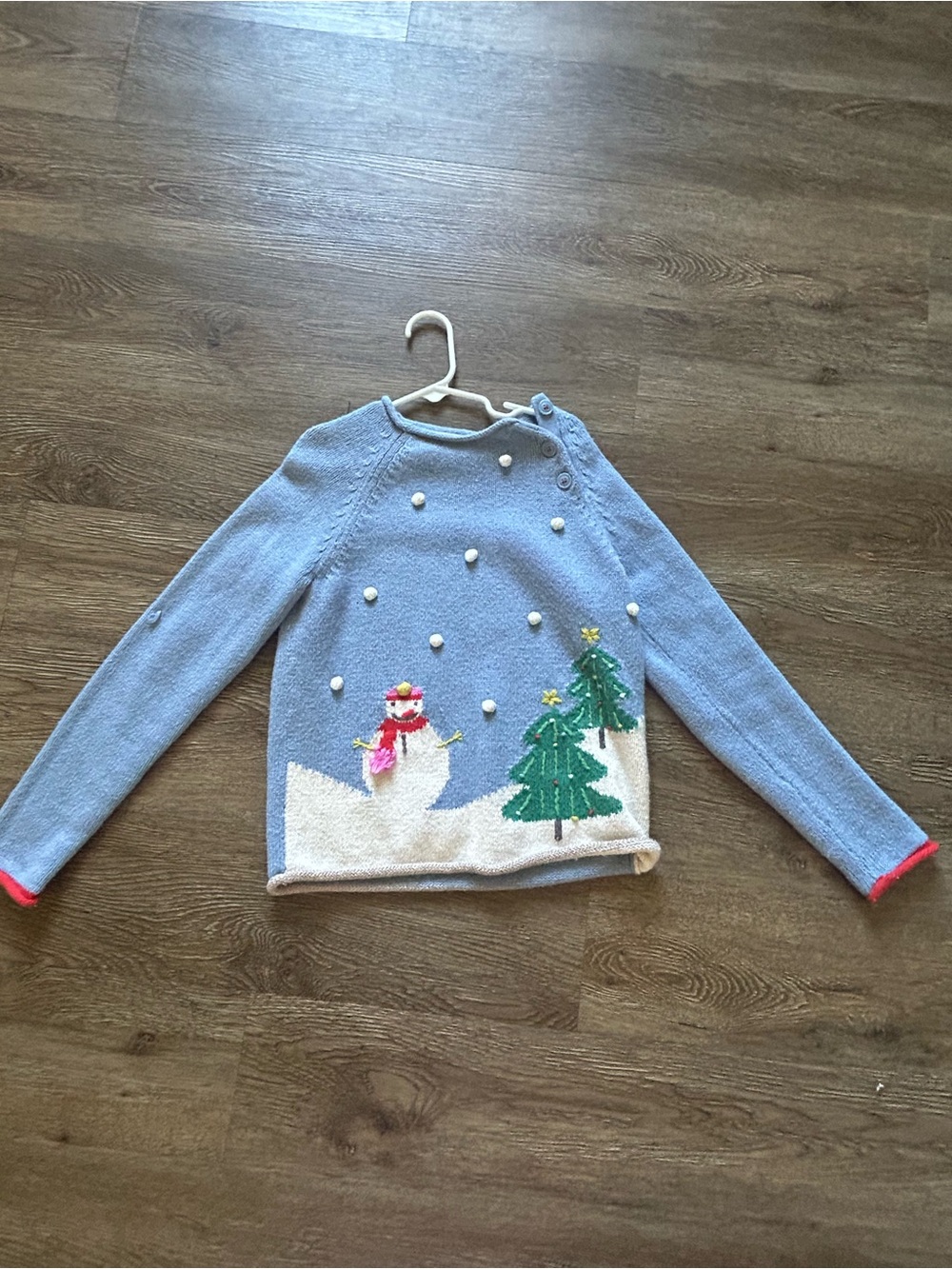 Mini Boden Light Blue Snowman Crewneck Sweater with Tree Appliqué